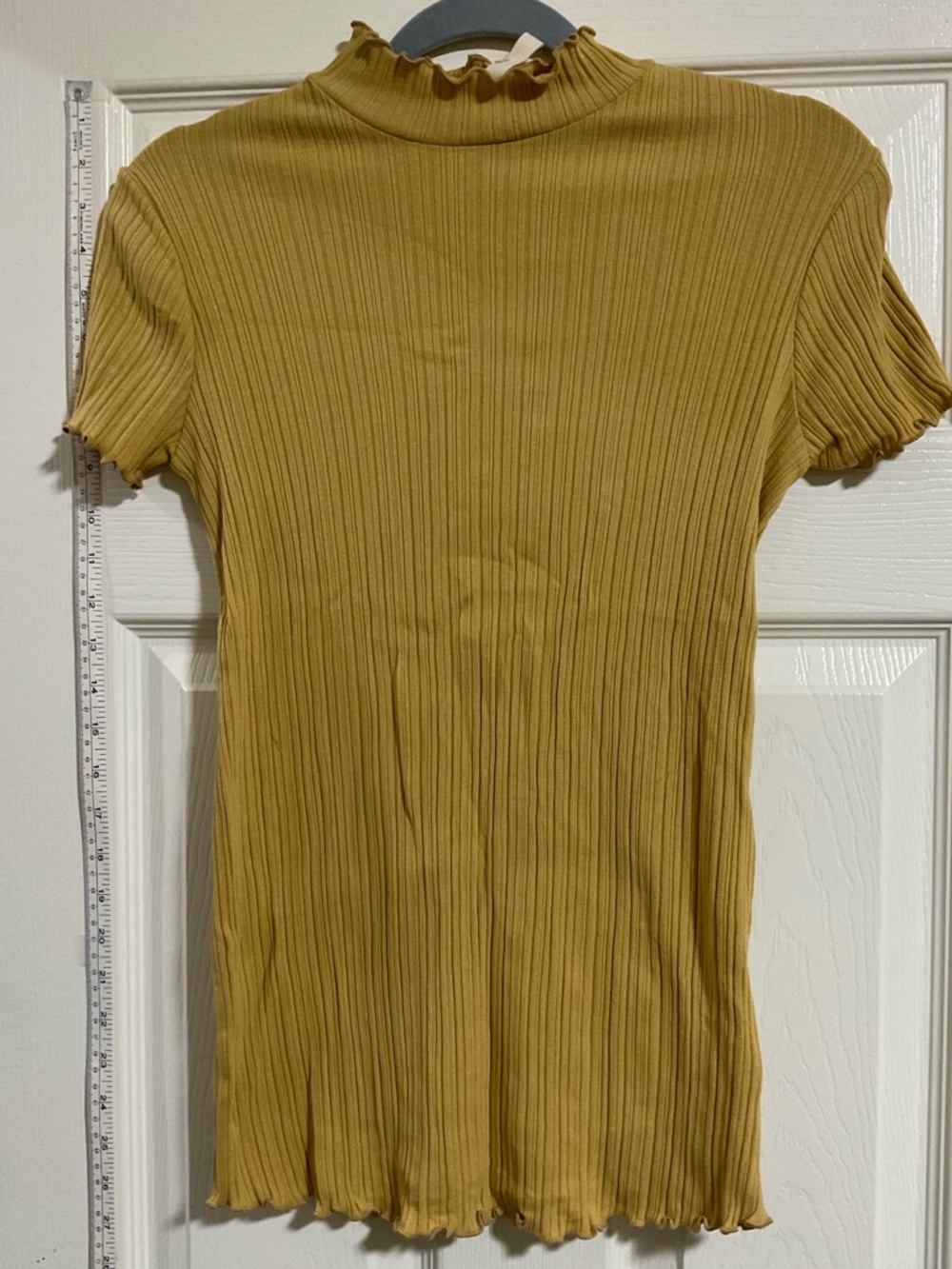 Hello MIZ Mustard Ribbed Short Sleeve Mock Neck Top